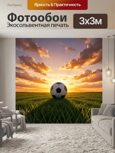 Фотообои Футбольный мяч на поле заката