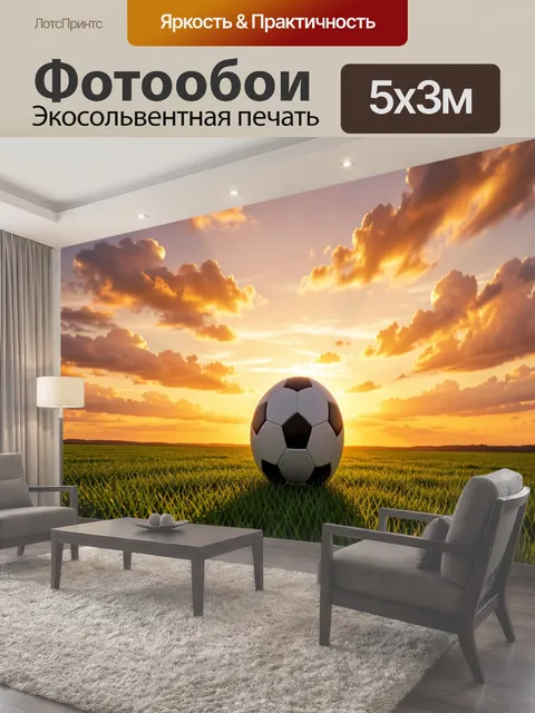 Фотообои Футбольный мяч на поле заката