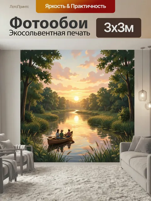 Фотообои Люди в лодке на закате. Живописная речная долина с отражением солнечного диска, высокими деревьями и камышами…