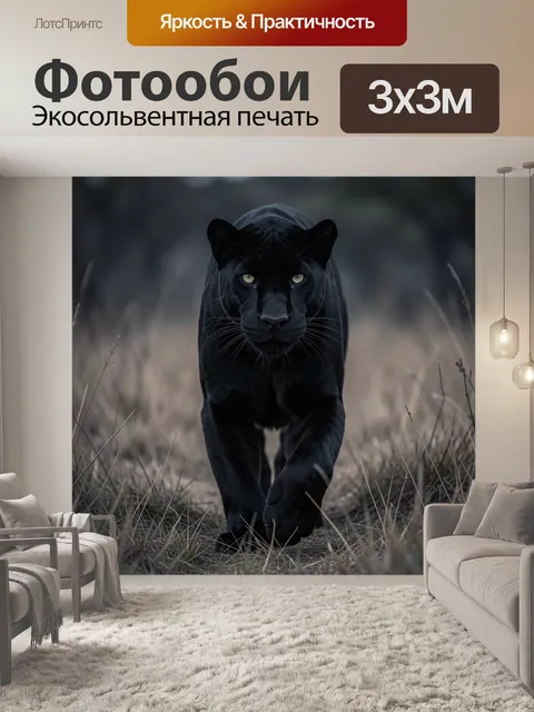 Фотообои Черная пантера в траве. Хищная кошка, идущая прямо на зрителя среди сухой высокой травы. Мрачная реалистичная…
