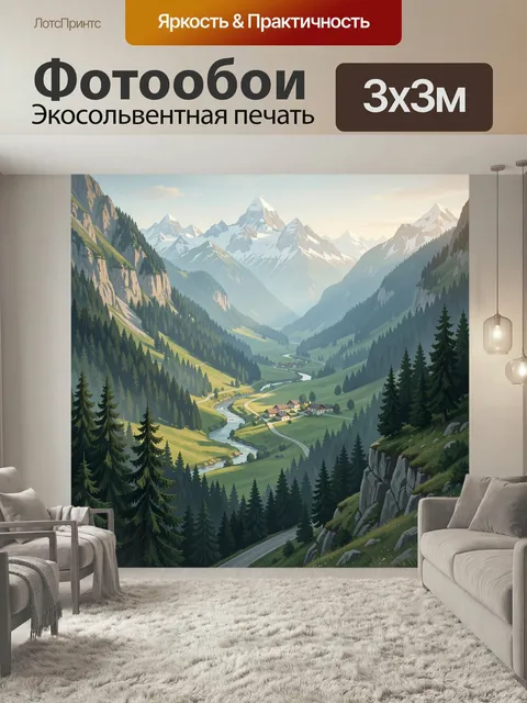 Фотообои Альпийская долина с рекой. Живописная горная местность с заснеженными вершинами, хвойными лесами, извилистой …