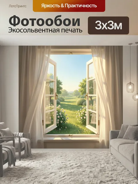 Фотообои Открытое окно с видом на луг. Солнечный интерьер с распахнутыми створками и легкими занавесками, за окном — з…