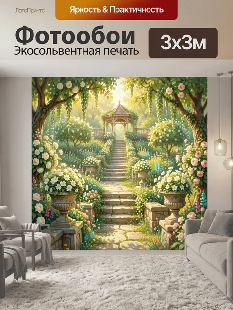 Фотообои Цветущий сад с беседкой. Солнечная парковая композиция с лестницей, аркой и пышной флористикой в пастельных о…