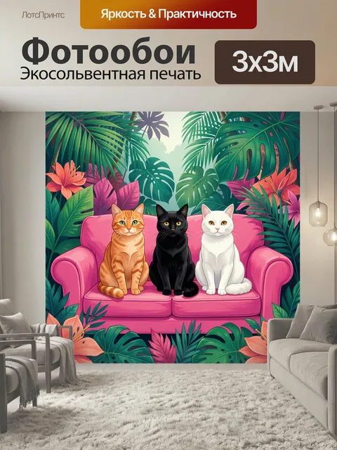 Фотообои Три кота среди джунглей. Пушистые домашние любимцы в тропической листве: рыжий, чёрный и белый, на ярком розо…