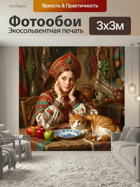 Фотообои Девушка в русском народном костюме с котом