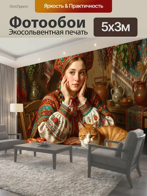 Фотообои Девушка в русском народном костюме с котом