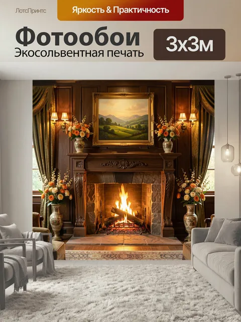 Фотообои Уютная гостиная с камином и букетами. Роскошный интерьер в тёплых коричневых и золотистых тонах: горящий очаг…