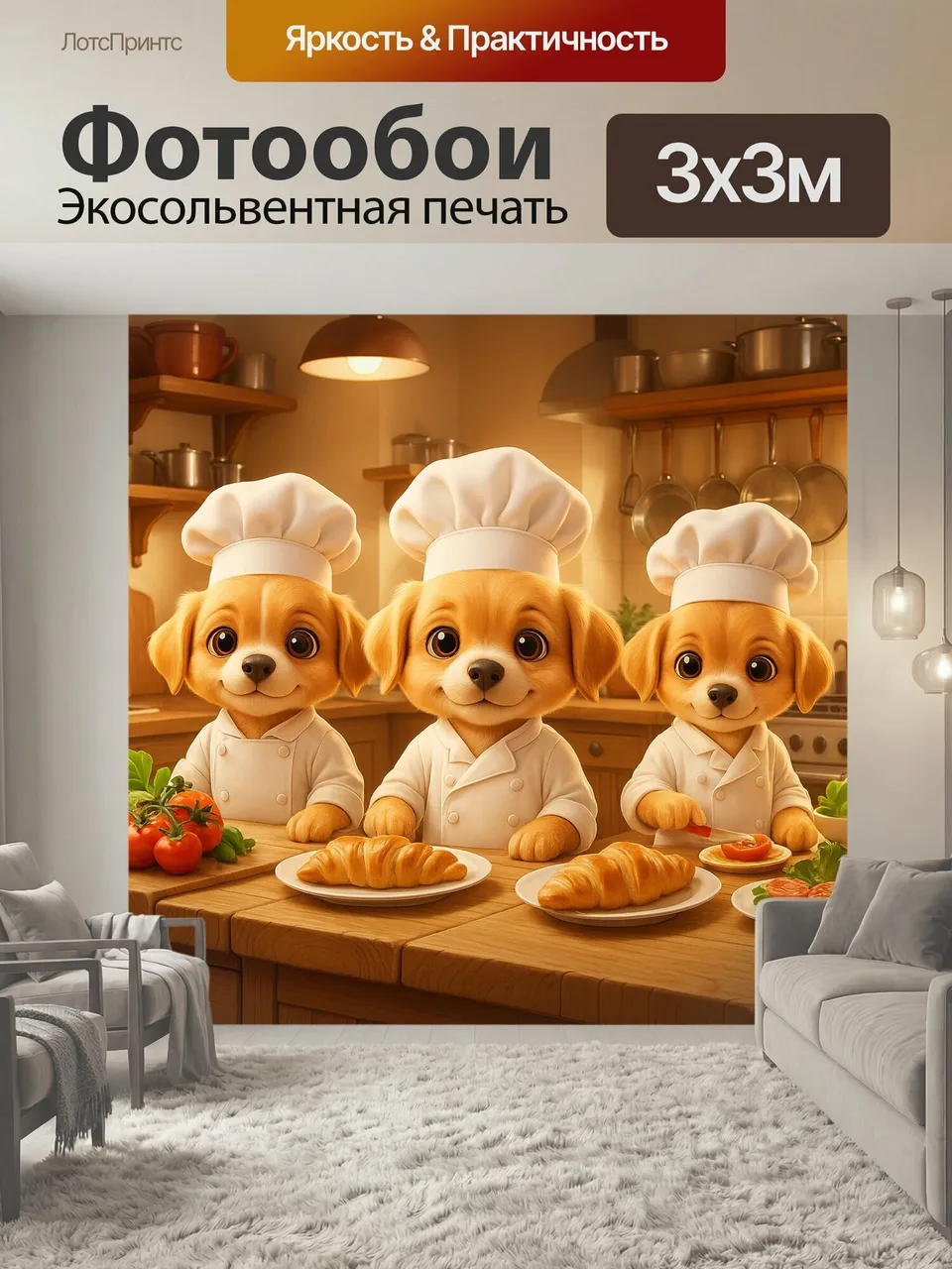 Фотообои Щенок-повар на кухне. Милый золотистый щенок в белом колпаке и фартуке стоит за деревянным столом с о…