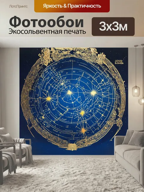 Фотообои Старинная карта звёздного неба, украшенная золотыми линиями и цветными созвездиями, кажется, мерцает на фоне …