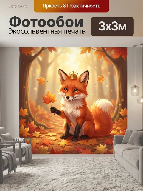 Фотообои Лисёнок в осеннем лесу. Милый рыжий зверёк с короной держит кленовый лист среди золотой листвы. Сказочная циф…
