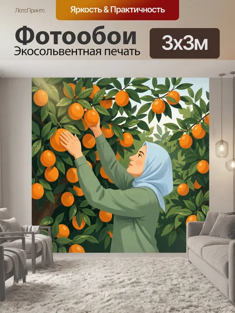 Фотообои Сбор апельсинов в саду. Девушка в светлом хиджабе тянется к спелым цитрусам среди густой зелени, яркие оранже…