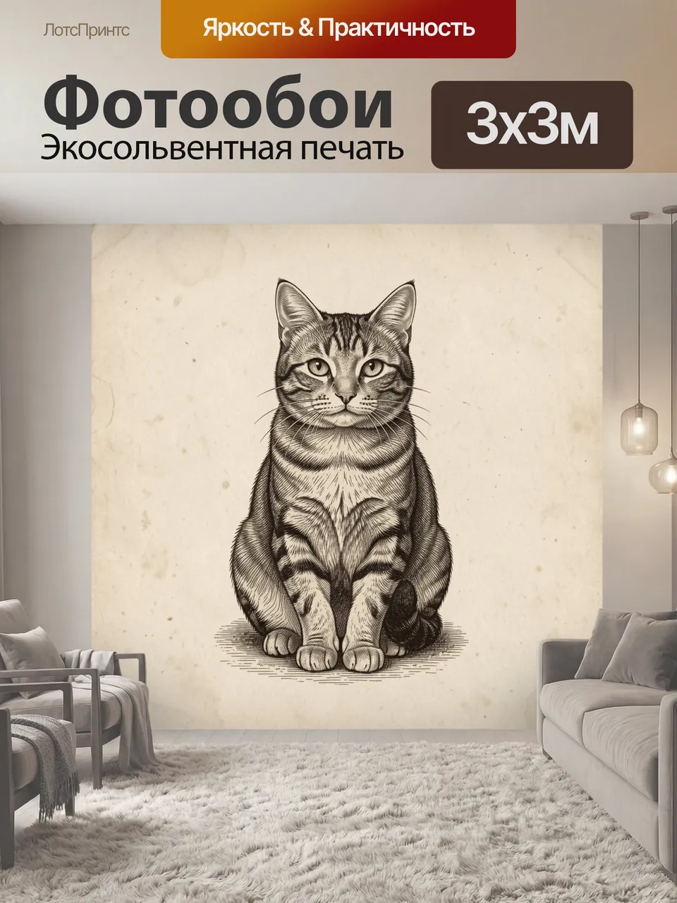 Фотообои Полосатый кот в винтажной графике