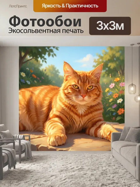 Фотообои Рыжий кот в цветущем саду. Живописный пушистый полосатый питомец лежит на камне среди полевых цветов и зелени…