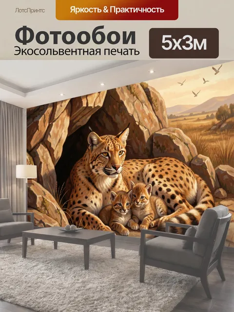 Фотообои Гепард с детёнышами у скалы