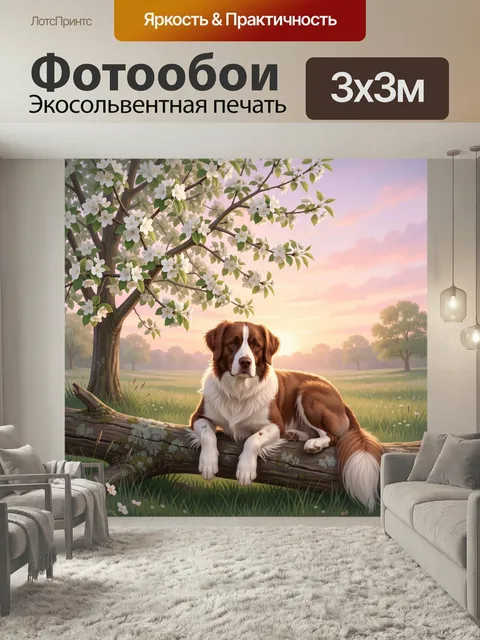 Фотообои Собака под цветущим деревом. Рыже-белый пес лежит на бревне в весеннем саду среди яблоневых ветвей с белыми ц…