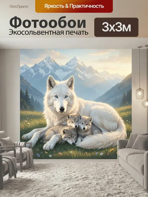 Фотообои Белая волчица с волчатами в горах. Лиричная цифровая иллюстрация: белая хищница с тремя детёнышами на альпийс…