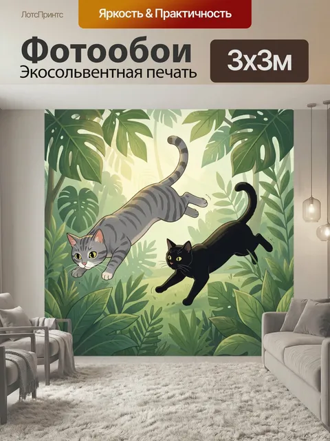 Фотообои Кошки в тропических джунглях. Два игривых домашних питомца на фоне густой зелени и крупных листьев, солнечный…