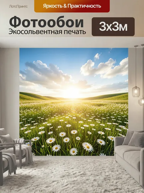 Фотообои Ромашковое поле на рассвете. Летний простор с белыми цветами, зелёными холмами и ярким небом в мягком солнечн…