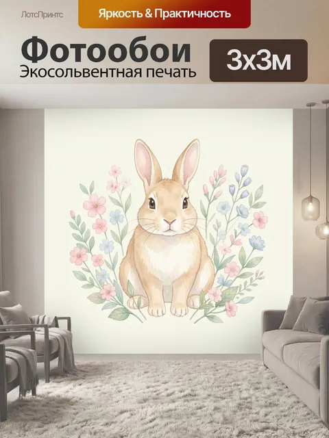 Фотообои Кролик среди весенних цветов. Милый зайчик в центре композиции, окружённый нежными цветами и зелёными листьям…