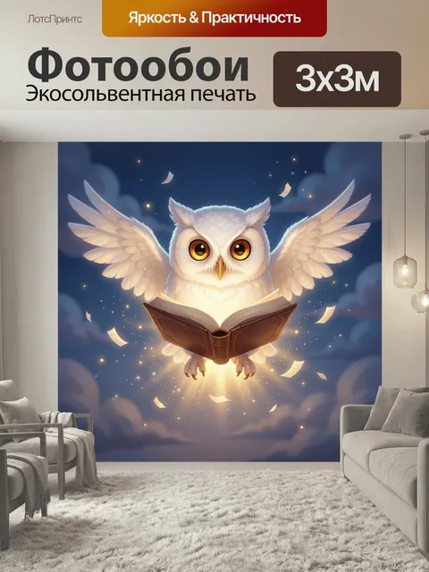 Фотообои Волшебная сова с книгой. Сказочная ночная композиция с белой совой, парящей среди облаков и сияющих искр. Тёп…