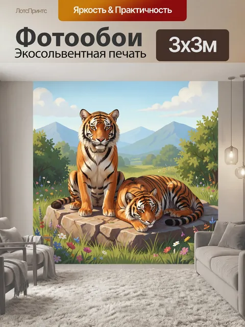 Фотообои Тигры в горном лугу. Два величественных хищника на каменной площадке среди цветущего альпийского поля, на фон…