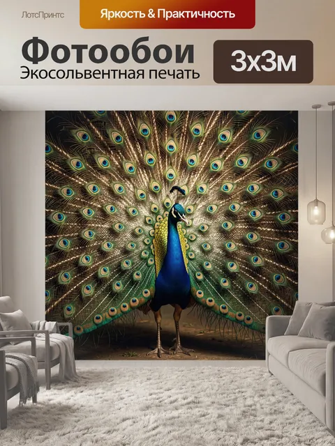 Фотообои Павлин с роскошным хвостом. Яркая птица с распущенным веером из переливающихся перьев, насыщенные сине-зелёны…