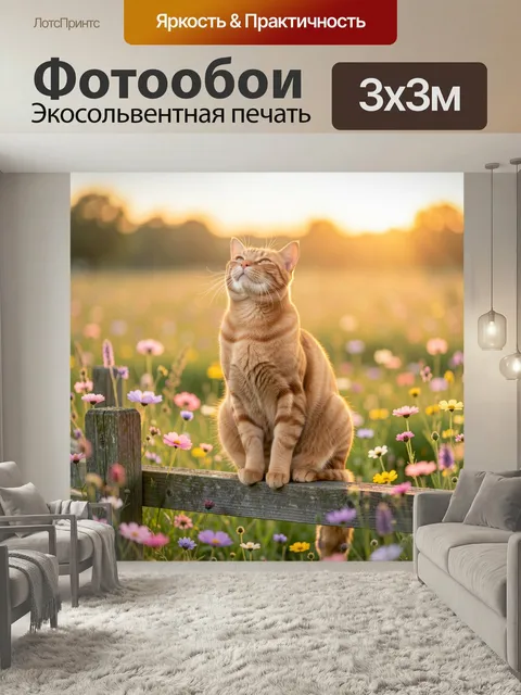 Фотообои Рыжий кот в цветочном поле