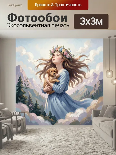 Фотообои Девушка с щенком в горах