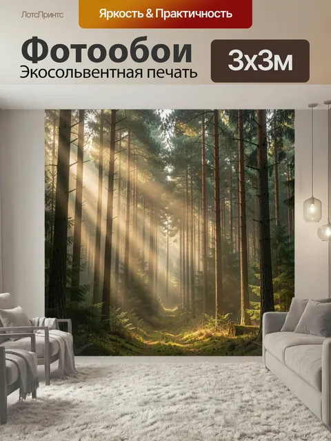 Фотообои Солнечный сосновый лес. Туманный хвойный бор с высокими стволами, сквозь которые пробиваются мягкие золотисты…