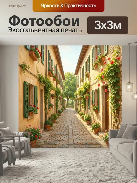 Фотообои Уютная цветочная улочка в Италии. Солнечный старинный переулок с каменной мостовой, домами с зелёными ставням…