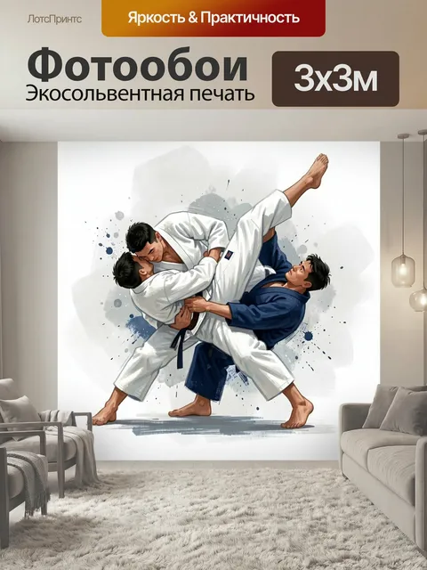 Фотообои Борцы дзюдо в броске. Динамичная иллюстрация поединка единоборцев…