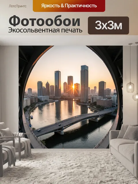 Фотообои Современный мегаполис на закате. Городской пейзаж с небоскребами, рекой и мостом в лучах вечернего солнца. Па…
