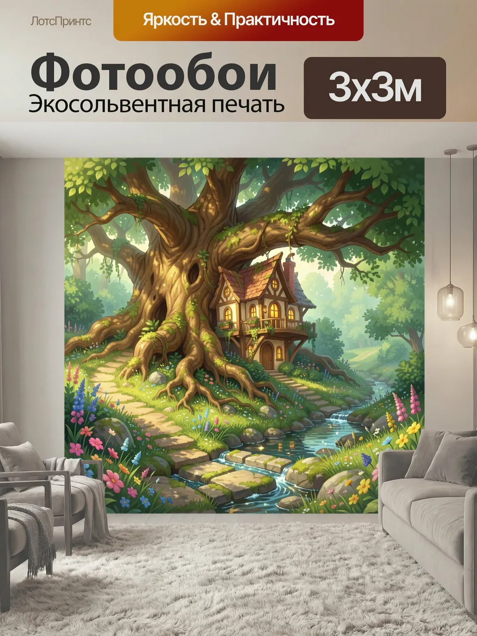 Фотообои Волшебный дом в древнем дереве. Сказочная лесная поляна с огромным вековым стволом, уютным домиком в …