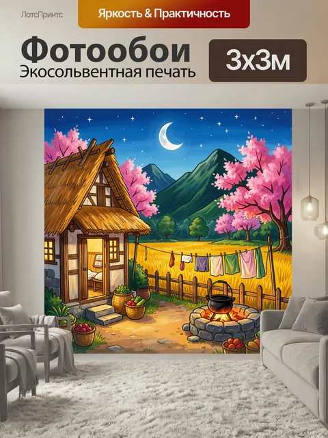 Фотообои Ночная деревня у гор и сакуры. Уютный сельский двор под звездным небом: соломенный домик, костер с котелком, …