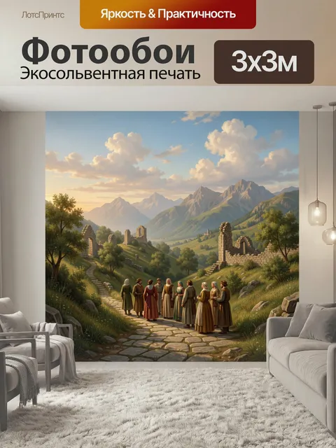 Фотообои Панорамный пейзаж в стиле романтической живописи с мягким, теплым освещением заката, изображающий группу из в…