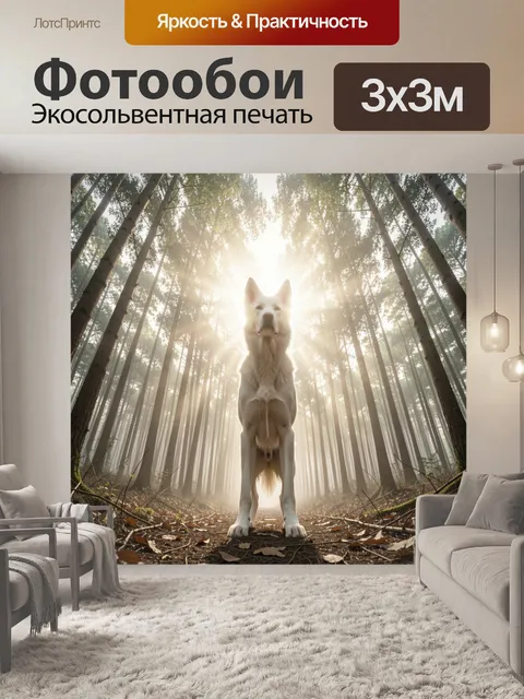 Фотообои Белая собака в лесу. Светлый пёс стоит на лесной тропе среди высоких сосен, сквозь деревья пробиваются солнеч…