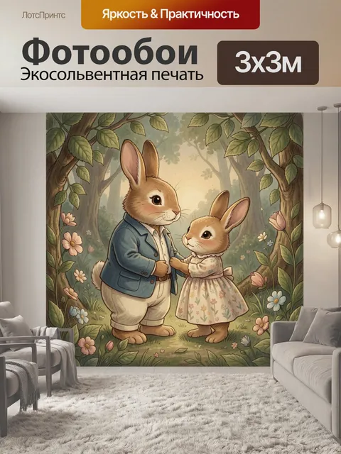 Фотообои Зайцы в лесной поляне. Трогательная сказочная иллюстрация с двумя кроликами в одежде среди цветущего леса. Мя…