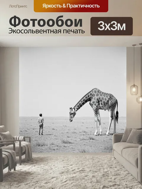Фотообои Жираф и человек в саванне. Черно-белая минималистичная сцена в африканской степи: высокий зверь склонился к м…