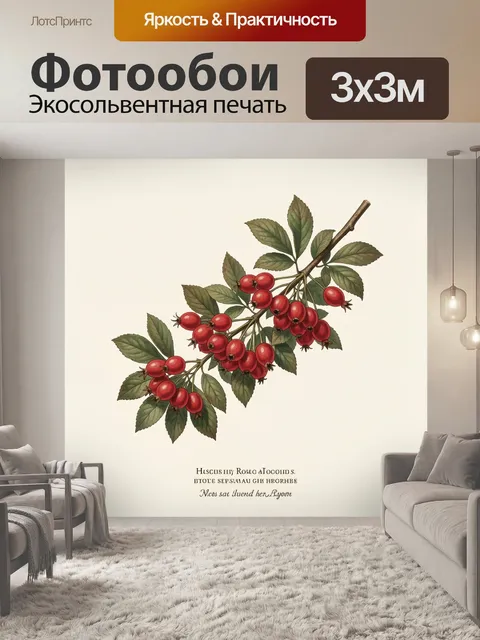 Фотообои Ветка с красными ягодами. Ботаническая иллюстрация: изящная ветвь с алыми плодами и зелёной листвой на светло…