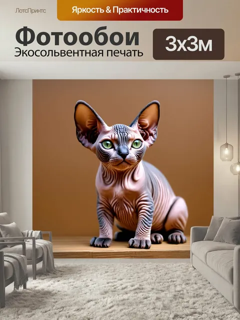 Фотообои Котёнок сфинкс с серо-чёрными морщинами на теле, большими ушами и зелёными глазами, сидящий на деревянной пов…
