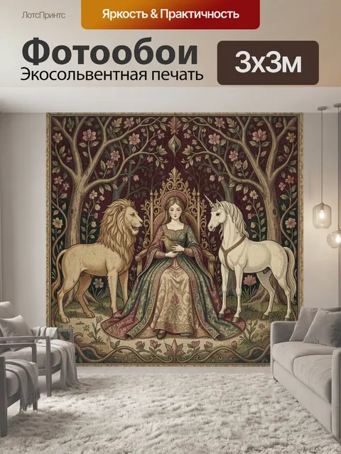 Фотообои Девушка, лев и единорог в лесу. Фэнтезийная сцена в стиле старинного гобелена: юная правительница на резном т…