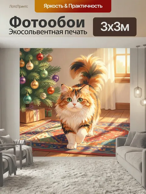 Фотообои Пушистый кот у елки. Милый рыжевато-белый питомец идет по солнечной комнате рядом с нарядным хвойным деревом…