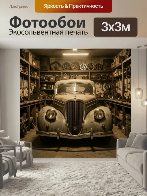 Фотообои Винтажный автомобиль в мастерской. Старинный ретро-авто в пыльном гараже среди шин, инструментов и запчастей.…