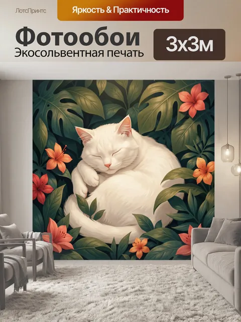Фотообои Спящий белый кот среди листвы. Нежная иллюстрация с пушистым светлым котиком, свернувшимся клубком в густых т…