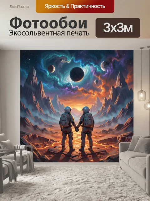 Фотообои Космонавты на фоне фантастического неба. Фантастический космический пейзаж с двумя астронавтами в долине сред…