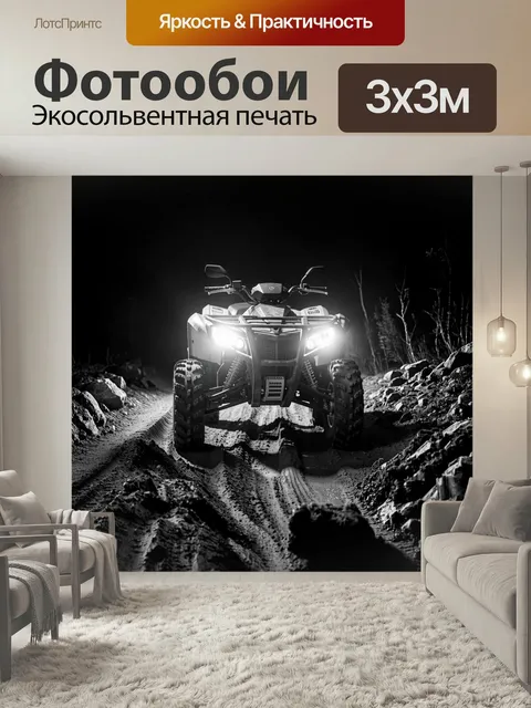 Фотообои Ночной квадроцикл, свет фар освещает грязь и камни на тропе, интригующий свет и тень. черно-белая фотография,…