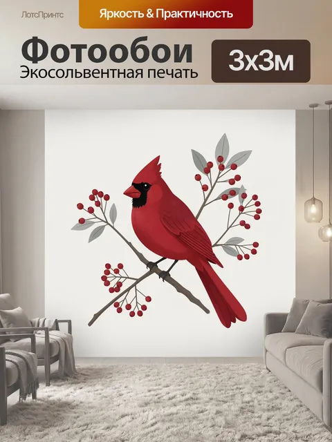Фотообои Красный кардинал на ветке. Яркая декоративная птица с черным клювом сидит среди ягодных ветвей. Минималистичн…