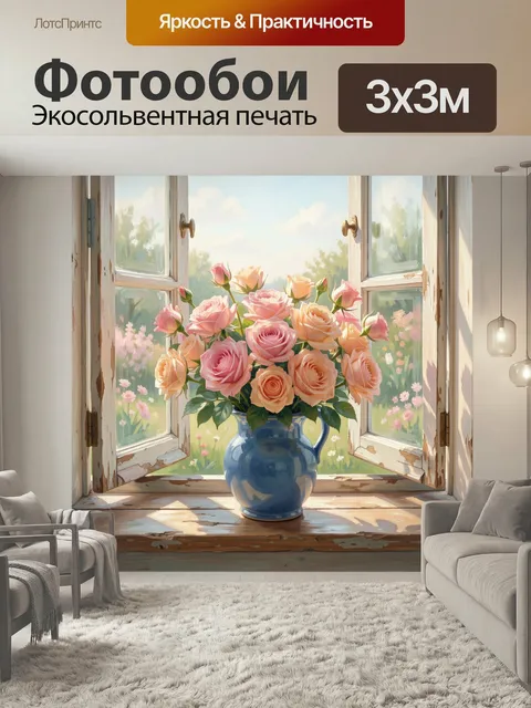 Фотообои Розовые и персиковые розы у окна