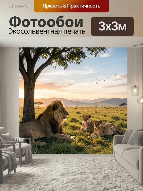 Фотообои Львиная семья в саванне. Африканские хищники отдыхают в траве под деревом на фоне закатного неба, холмов и пт…