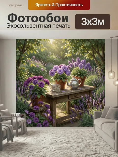 Фотообои Лавандовый сад с цветами. Уютная летняя композиция: деревянный столик среди сиреневых и фиолетовых растений в…